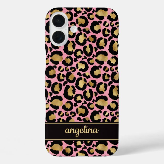 Gold Foil On Pink Leopard Print Monogrammed Case-Mate iPhone Case (Back)