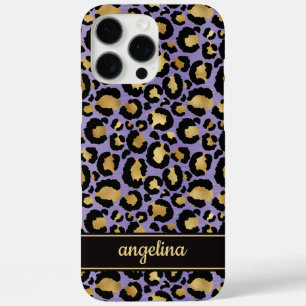 Gold Foil On Purple Leopard Print Monogrammed iPhone 16 Pro Max Case