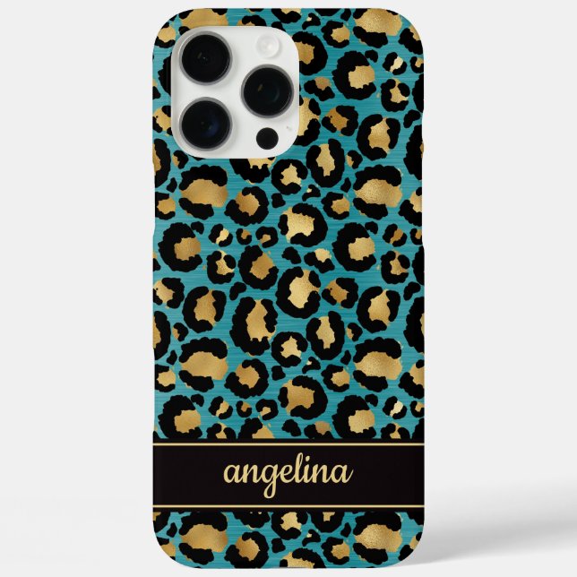 Gold Foil On Teal Leopard Print Monogrammed Case-Mate iPhone Case (Back)