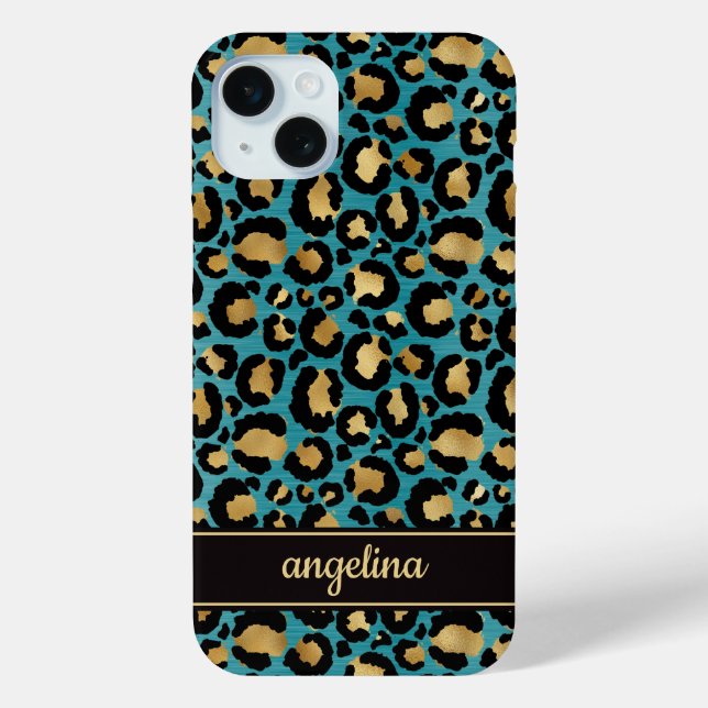 Gold Foil On Teal Leopard Print Monogrammed Case-Mate iPhone Case (Back)