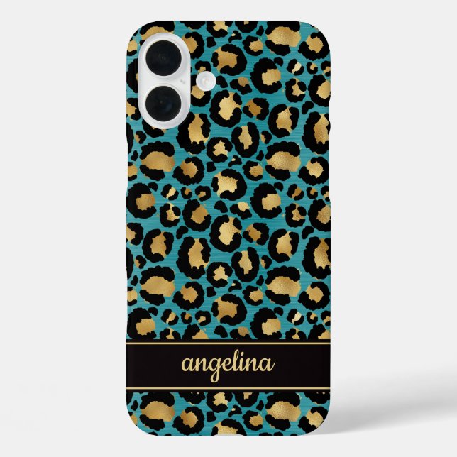 Gold Foil On Teal Leopard Print Monogrammed Case-Mate iPhone Case (Back)