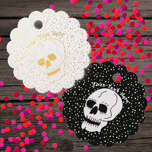 Gold Foil Outlined White Skull on Gold Dots Favour Tags