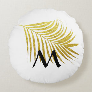 Gold Foil Palm Leaf Tropical Monogrammed Initials Round Cushion