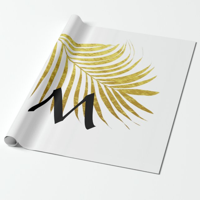 Gold Foil Palm Leaf Tropical Monogrammed Initials Wrapping Paper (Unrolled)