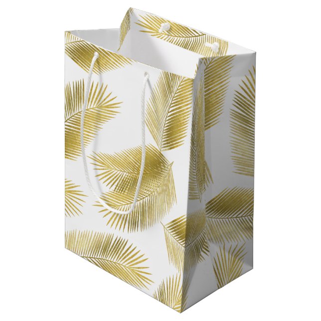 Gold Foil Palm Leaves Pattern Medium Gift Bag (Front Angled)