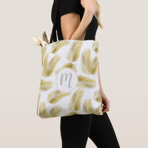 Gold Foil Palm Leaves Pattern & Monogram Tote Bag