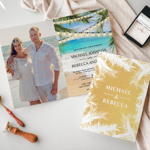 Gold Foil Palm Leaves String Lights Wedding Invite
