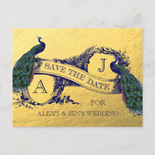 Gold Foil Peacock Save the Date Postcard