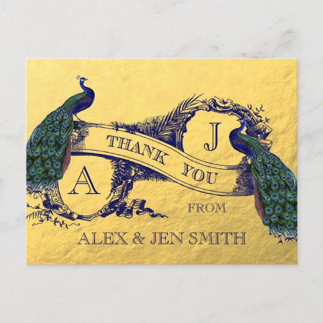 Gold Foil Peacock Wedding Thank You Postcard (Front)