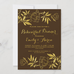 Gold foil peonies floral wedding rehearsal dinner invitation