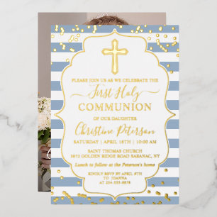Gold Foil Photo Dusty Blue Stripes First Communion