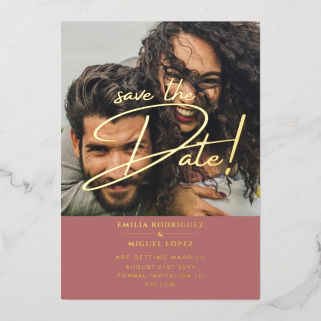 GOLD Foil Photo Overlay Rose Save Date Wedding (Front)