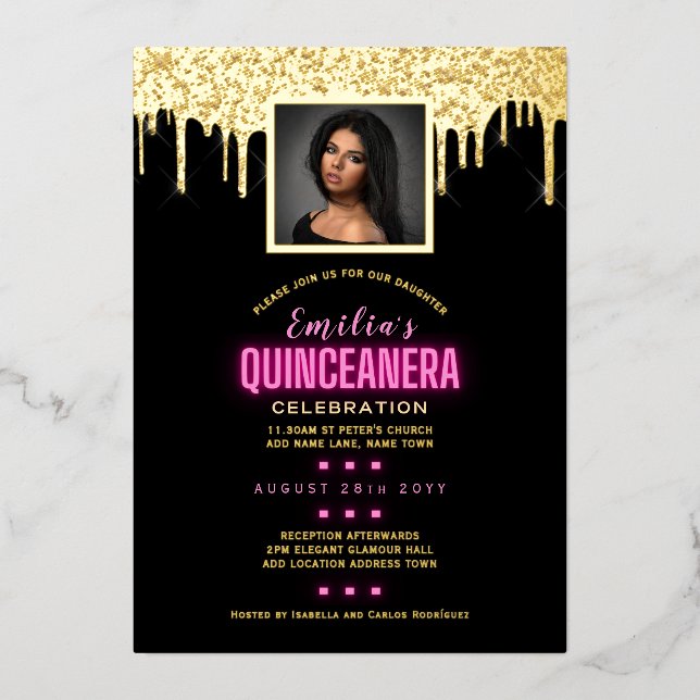 Gold Foil PHOTO Pink 15th Birthday Quinceanera Foi (Front)