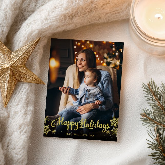 Gold Foil Photo Snowflake Happy Holidays Christmas Postcard (Creator Uploaded)