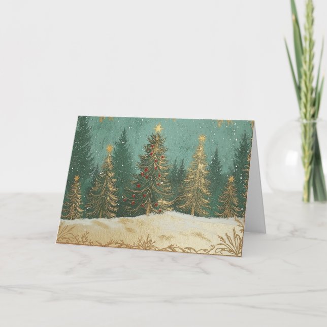Gold Foil Pine Tree in Snowy Scene Card (Front)