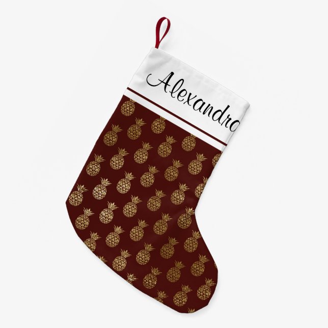 Gold Foil Pineapple and Burgundy Monogram Small Christmas Stocking (Front (Hanging))