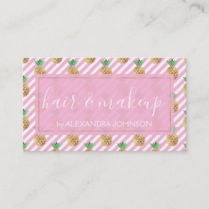 Gold Foil Pineapple and Pink and White Stripes Business Card