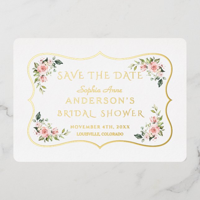 GOLD FOIL Pink Floral Bridal Shower Save The Date  (Front)
