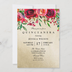 Gold Foil Pink & Red Rose Quinceanera Invitation
