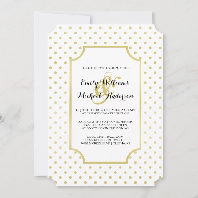 Gold Foil Polka-Dots Modern Wedding Invitation (Front)