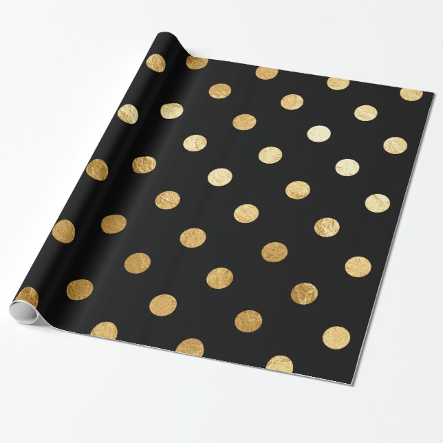 Gold Foil Polka Dots Pattern Wrapping Paper Black (Unrolled)