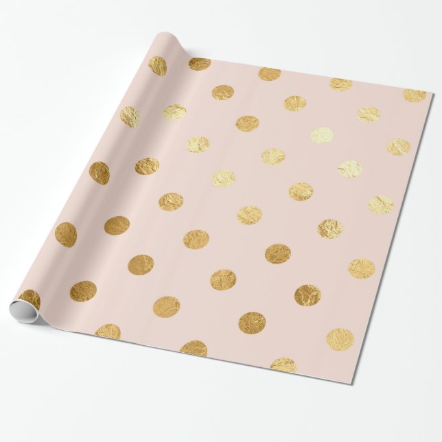 Gold Foil Polka Dots Pattern Wrapping Paper Blush (Unrolled)