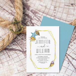 Gold foil polygon and seashells beach wedding invitation