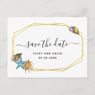 Gold foil polygon, seashells wedding Save the Date Announcement Postcard