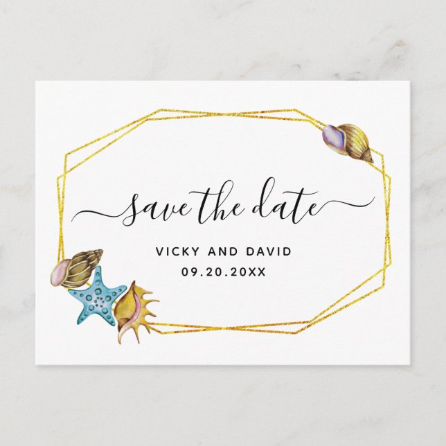 Gold foil polygon, seashells wedding Save the Date Announcement Postcard (Front)