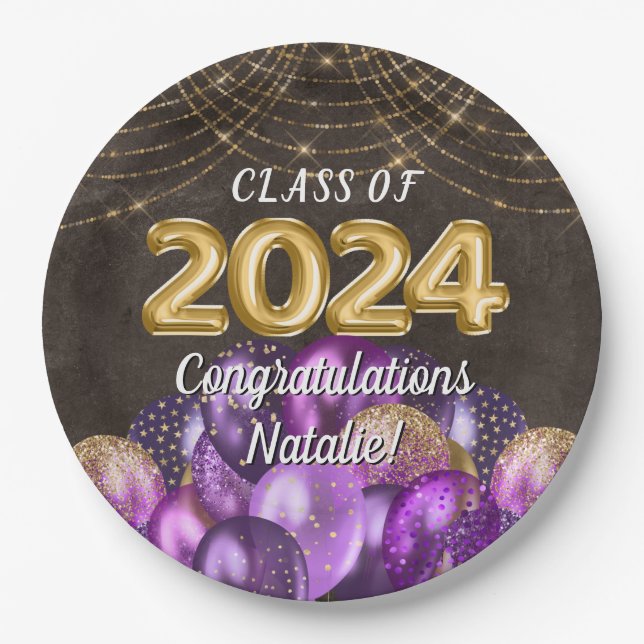 Gold Foil Purple Balloons Class of 2024 Graduation Paper Plate (Front)
