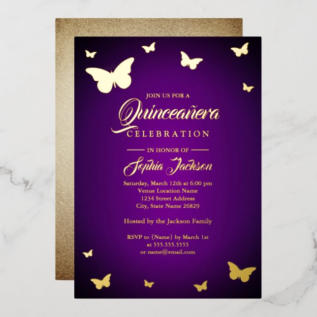 GOLD FOIL Purple Butterfly Quinceanera (Front/Back)