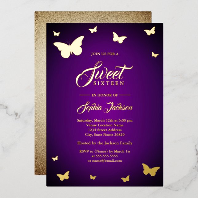 GOLD FOIL Purple Butterfly Sweet 16 Golden (Front/Back)