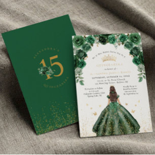 Gold Foil Quinceañera Emerald Green Floral