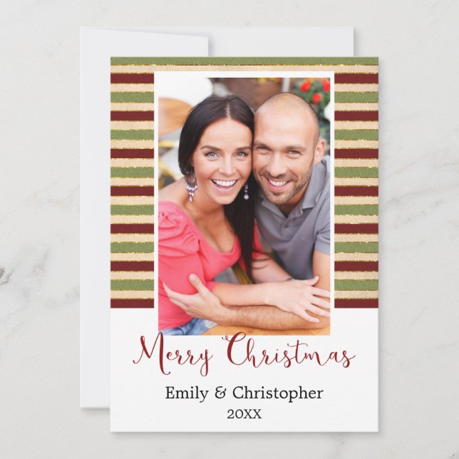 Gold Foil, Red and Green Christmas Photo Card (Front)