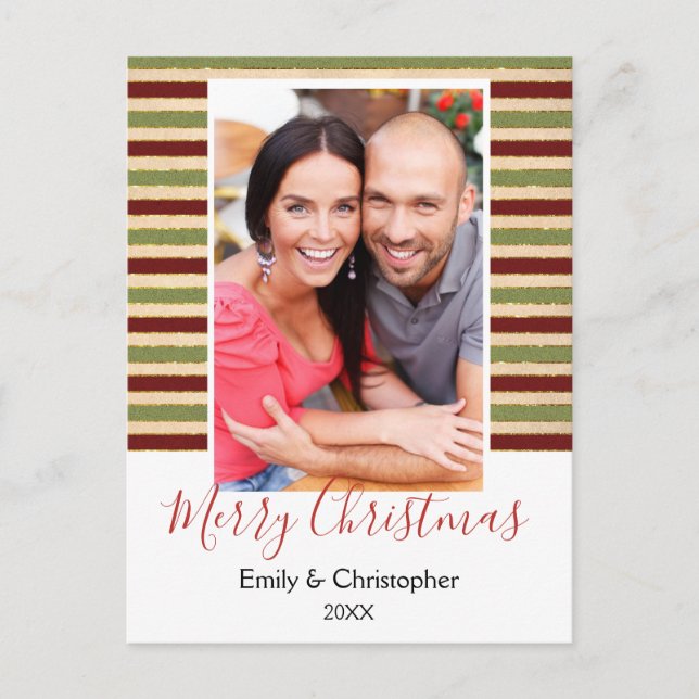 Gold Foil, Red and Green Christmas Photo Card (Front)