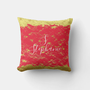 Gold Foil Red Glittery Sparkles Monogram Initials Cushion