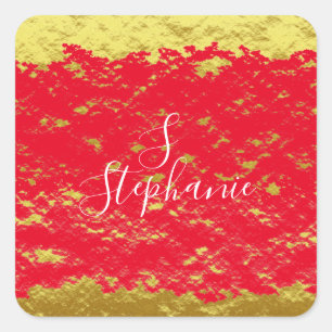 Gold Foil Red Glittery Sparkles Monogram Initials Square Sticker