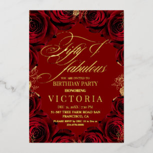Gold Foil & Red Rose 50th & fabulous Birthday