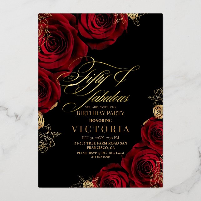 Gold Foil Red Rose Floral Fifty 50th Birthday (Front)