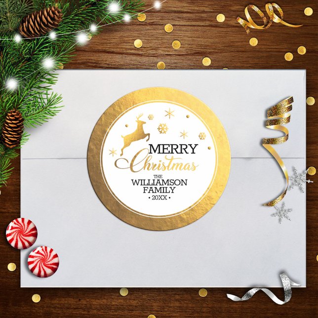 Gold Foil Reindeer Merry Christmas Classic Round Sticker (Creator Uploaded)