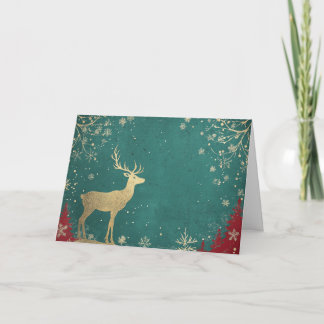 Gold Foil Reindeer on Green Snowfall Card
