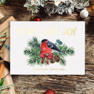 Gold Foil Robin Bird Peace Love Joy Christmas Foil Holiday Card