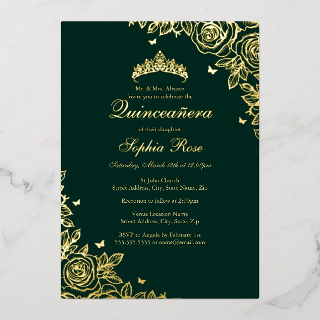 Gold Foil Rose Emerald Quinceanera Birthday  (Front)
