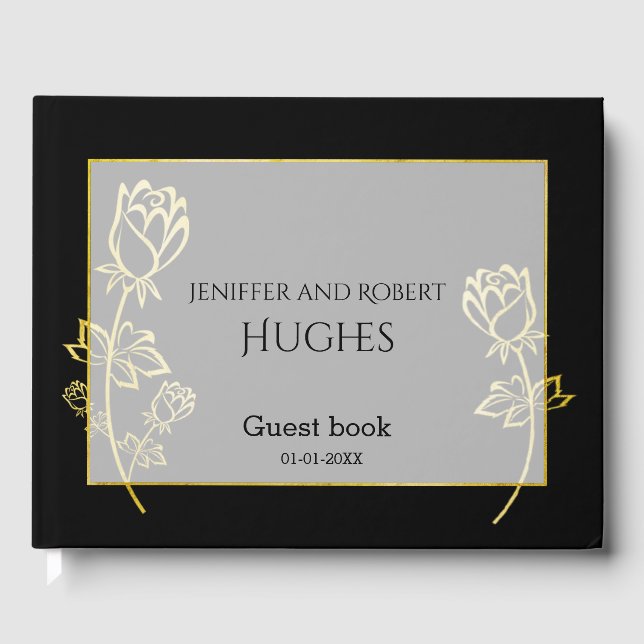 Gold foil Rose flower watermark themed wedding Guest Book (Front)