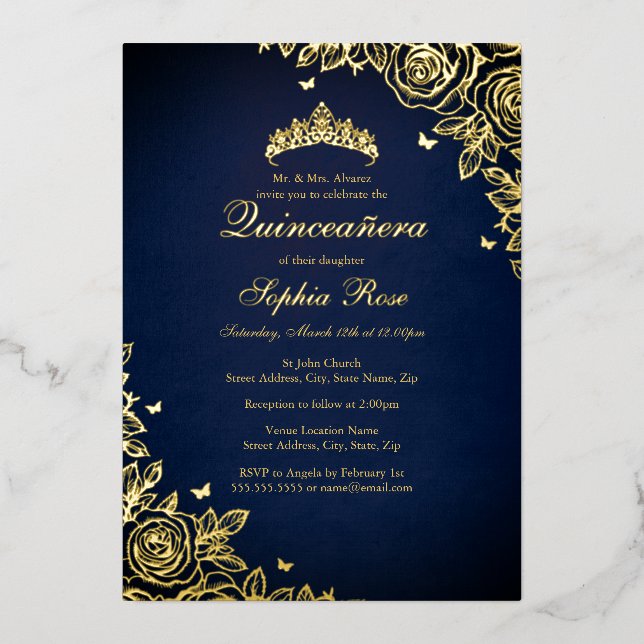Gold Foil Rose Navy Quinceanera Birthday  (Front)