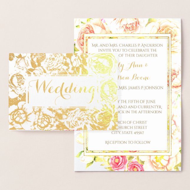 Gold Foil Rose Pink Typography Wedding Invitations (Display)