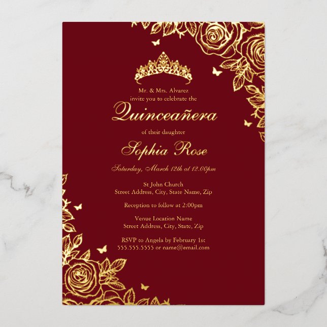 Gold Foil Rose Red Quinceanera Birthday  (Front)