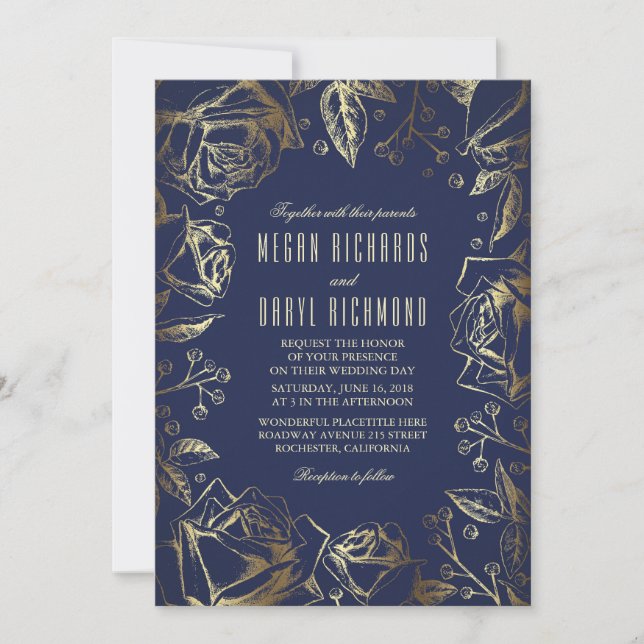 Gold Foil Roses and Baby's Breath Navy Wedding Invitation (Front)