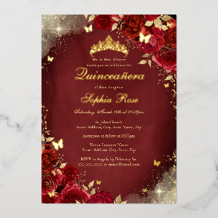 Gold Foil Royal Red Butterfly Floral Quinceanera