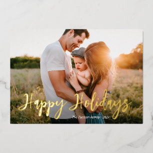 Gold foil rustic script photo happy holidays card